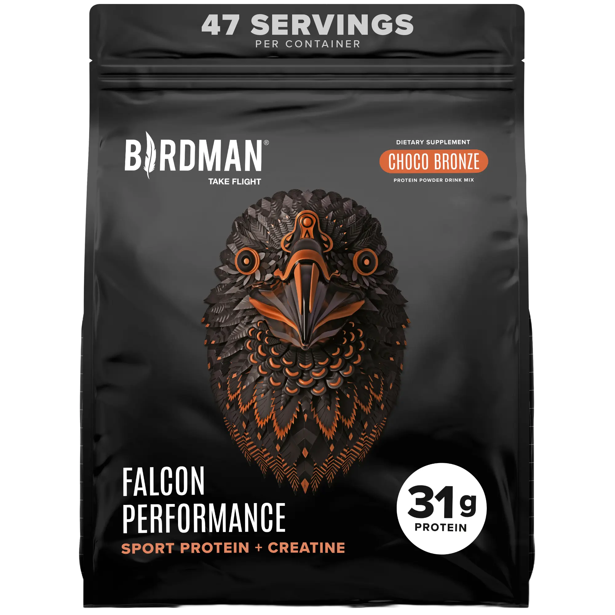 BIRDMAN TAKE FLIGHT Falcon Performance Sport Edible Protein Powder - Chocolate Flavor, 5 lbs, Dairy-Free Vegan Supplement Stack, 31g Protein, 5g Creatine Monohydrate, BCAAs, Sugar Free, No Acne, for Adults' Muscle Recovery & Body Goals, Gym Transformation
