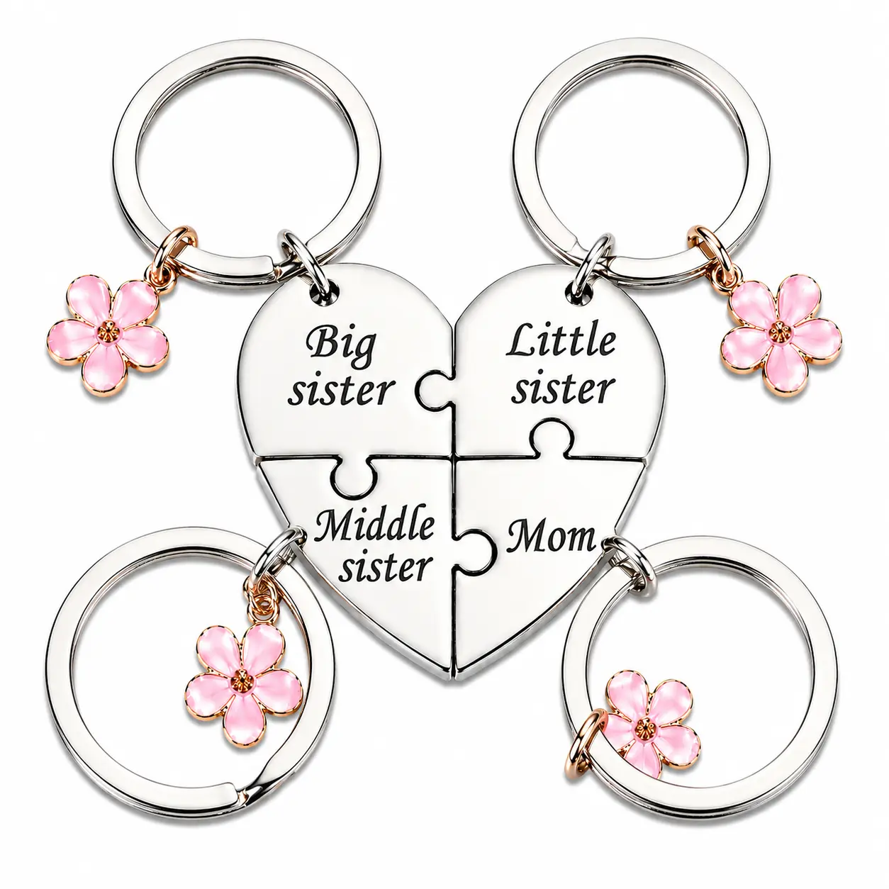 4-Piece Stainless Steel Family Keychain Set, Cute Split Heart Jewelry for Mom and Daughters, Meaningful Mother's Day & Birthday Gift, Durable Everyday Carry, 4Pcs/Set