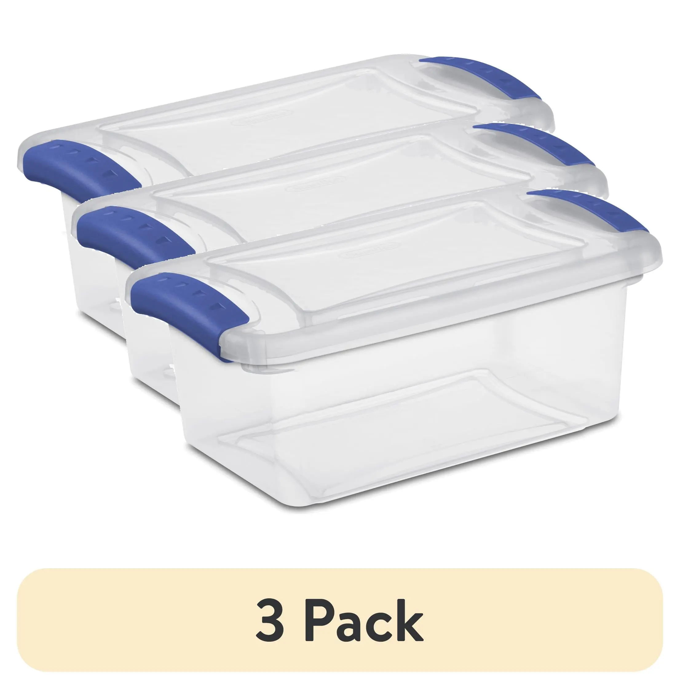 (3 pack) Sterilite 7 Quart Small Latching Storage Bin, Clear Plastic Storage Container with Latch Lid, Blue