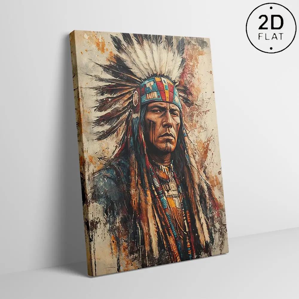 Artistic 2D Flat Earth-Tone Headdress Design Wooden Framed Canvas Print, Traditional Native American Apache Warrior Hanging Wall Art, Ready-to-Hang Farmhouse Decoration for Living Room, Bedroom, Kitchen