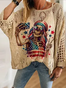 Women's Independence Day Cartoon Skull Selfie Star Flag Print Long Sleeve Knit Top, Casual Elegant Vacation Style Sweater, Comfortable Breathable Women's Shirt, Knitwear