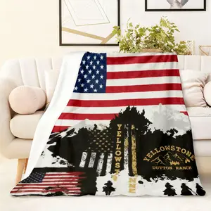 1PC Yellowstone Dutton Ranch Themed Blanket American Flag Pattern Flannel Throw Blanket Soft Warm Cozy for Sofa Bed Living Room Bedroom Camping Travel All Season Use Western Style Home Decor Gift for