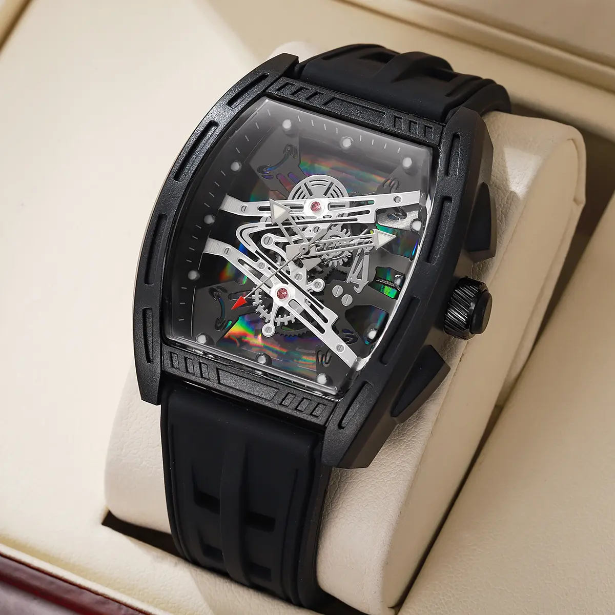 710-A Men's Fashion Silicone Strap Sports Quartz Watch - Transparent Barrel Shape Casual Wristwatch, Ideal for Gifting, Sports Quartz Watches, Transparent Quartz Watches