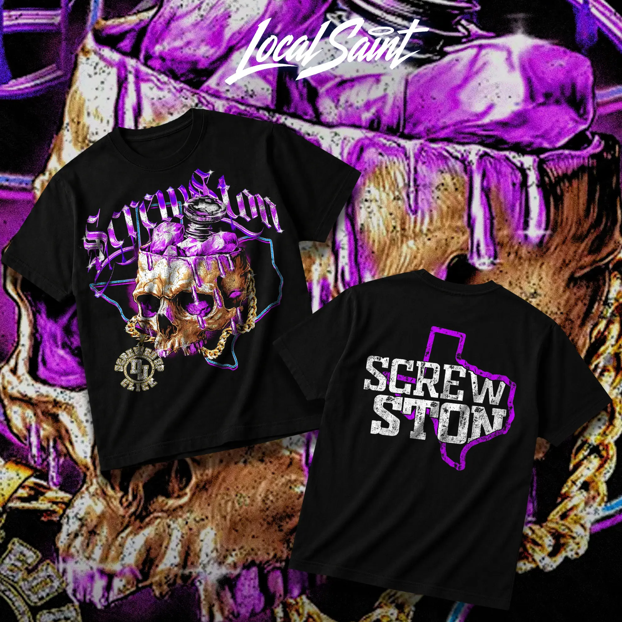 LOCALSAINT Screwston TX Purple Skull Heavy Cotton Unisex Graphic T-Shirt Hoodie Houston Rap Texas Screwed Up Click DJ Screw 713 Crewneck Tee, Vintage Streetwear Graphic T-Shirt Direct To Garment Breathable Print