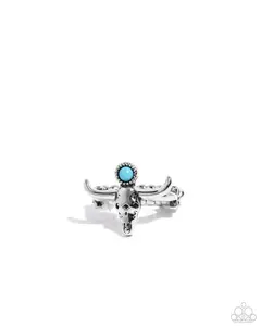 Longhorn Legend - Blue Turquoise Stone Silver Cow Skull Western Ring - Paparazzi