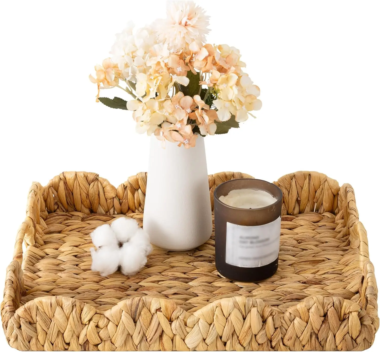 Natural Seagrass Traditional Lightweight Scalloped Rectangle Wicker Tray with Handles - 15.75in L x 11.5in W x 2.75in H, Rattan Kitchen Organizer Serving Tray, Water Hyacinth Storage Basket for Decor & Organization