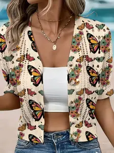 Elegant Women's Colorblock Butterfly Floral Print Short Sleeve Knit Cardigan, Casual Daily Wear, Open Front Buttoned Sweater, Knitwear Womenswear