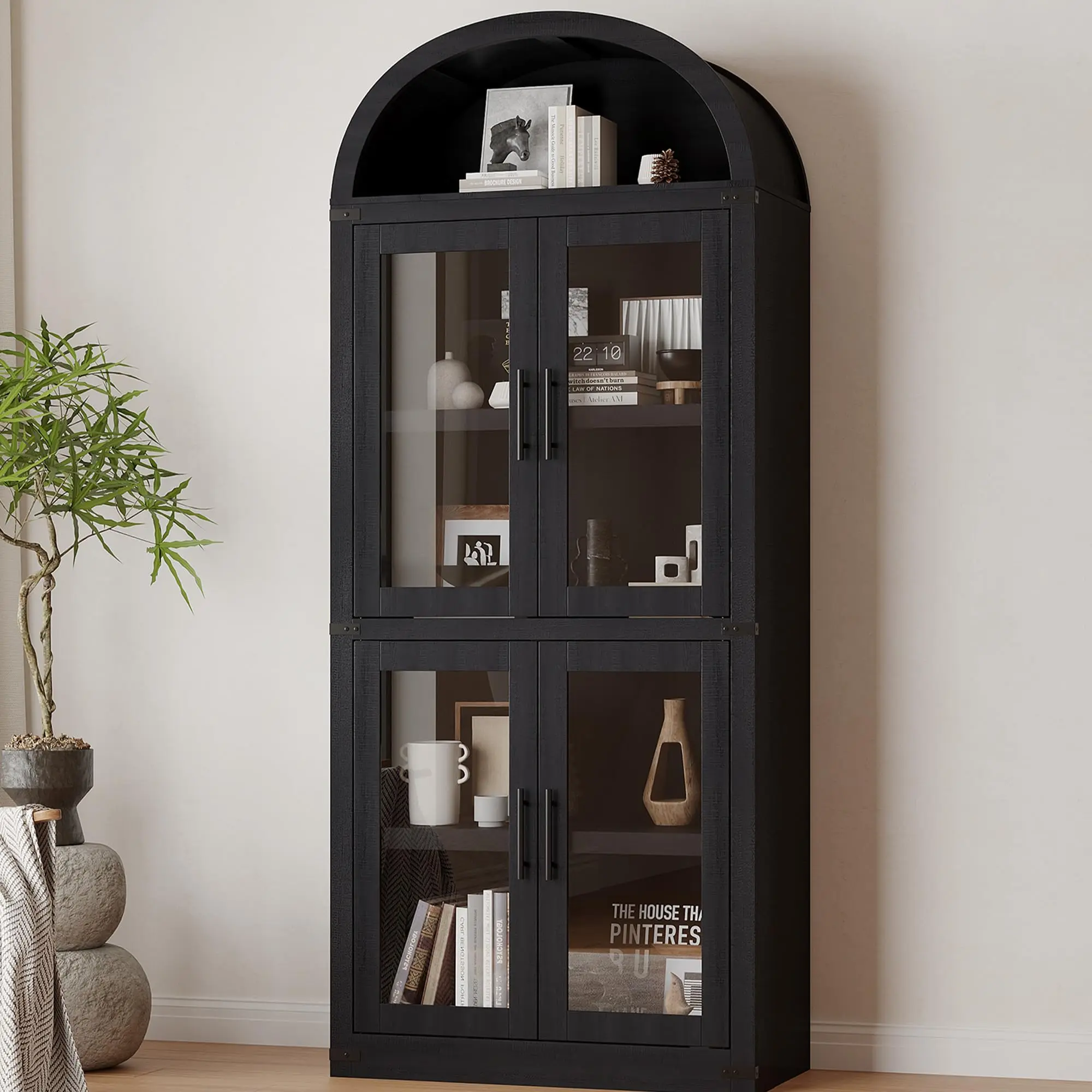 Garvee Arched 6-Shelf Bookcase with Glass Doors, Modern Wooden Display Cabinet with Storage Shelves for Books, Décor and Collectibles