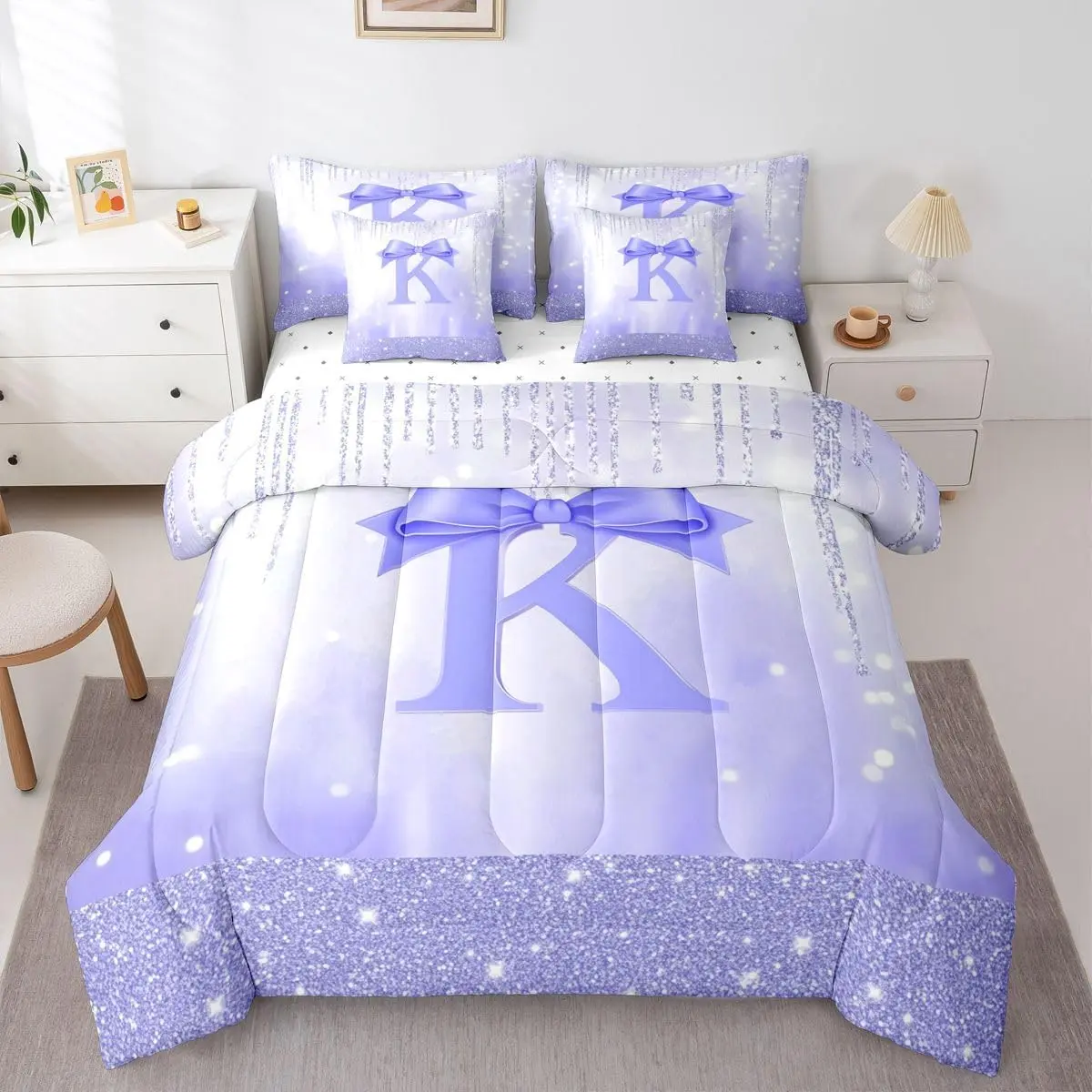 Purple Bowknot Comforter Set with Sheets 7 Piece Initial Letter K Bed in a Bag Princess Glitter Bedding Set Cute Bow Alphabet Bedroom Decor Breathable Soft