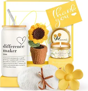 Thank You Gifts for Women Teacher Appreciation Gift Baskets with 6 Items Including Glass Cup Lavender Candle Socks Hair Clip Sunflower Doll and Thank You Card