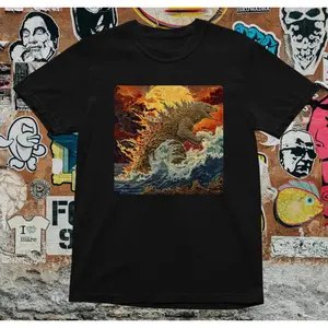 Vintage Japanese Wave Godzilla Graphic T Shirt Classic Retro Kaiju Monster Art Print Heavyweight Cotton Short Sleeve Casual Streetwear Daily Outdoor Holiday Party Adult Fashion Top Pop Culture Movie Inspired Everyday Wear