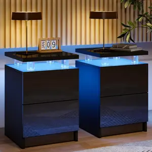 oneinmil Nightstand Set of 2 with LED Lights, 15IN Black Bedside Table, 2 Storage Drawers, Compact Design for Bedroom, Modern Finish