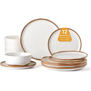 Plates and Bowls Set, 12 count Farmhouse Ceramic Dinnerware Sets, Scratch Resistance, Dishwasher Microwave Safe, Vanilla White