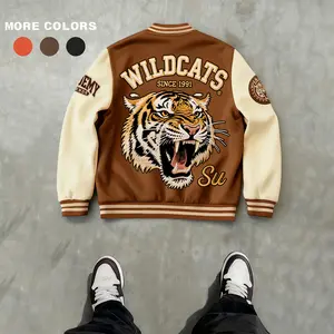 Men's Baseball Jacket, Black & Apricot Colorblock Tiger Graphic Fleece Varsity Coat, Classic Fit, Retro Vintage Thickened Streetwear Casual Sports Jacket, Trendy Fashion OOTD for Fall & Winter, New Arrival, Gift for Him, Holiday Present