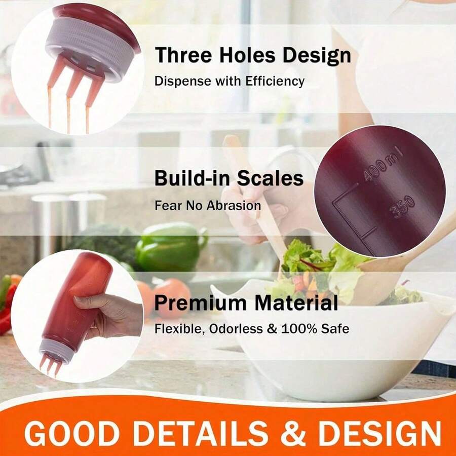 2pcs Multi-Purpose Kitchen Squeeze Bottles With 3-Hole Graduated Design - PE Material, Ideal For Sauces, Condiments & Baking - Includes White, Red And Amber Nozzles, Condiment Dispenser |   Modern Kitchenware |   Translucent Material, Soy Sauce Squeeze Bo