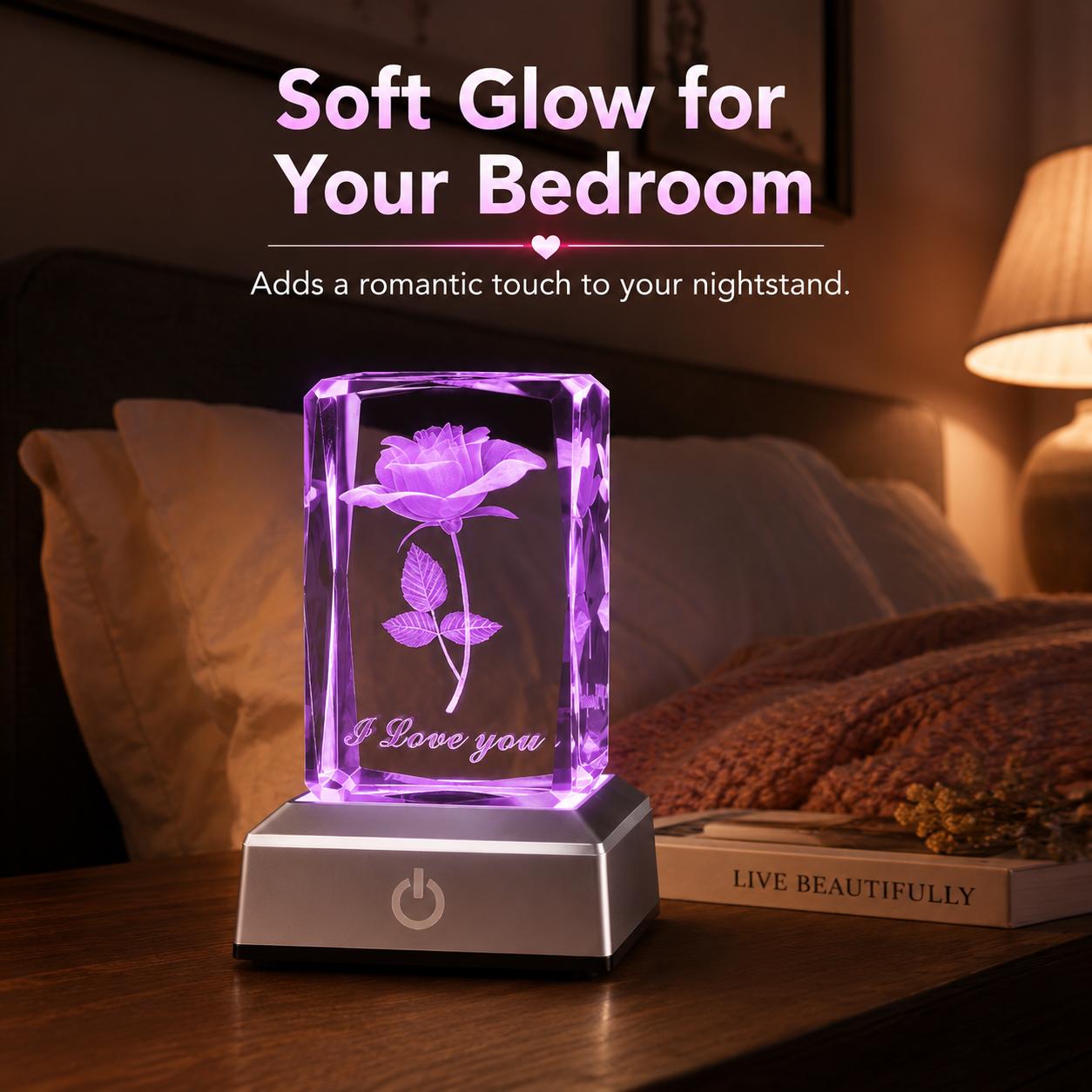 3D Laser Engraved Crystal Rose Custom Night Light with Touch LED Silver Base, Elegant Indoor Decorative Light, Bedroom Desk Decoration, Birthday/Valentine’s Day Gift for Home Improvement Lighting Accessories, Elegant Lighting, Led Ambient Lighting