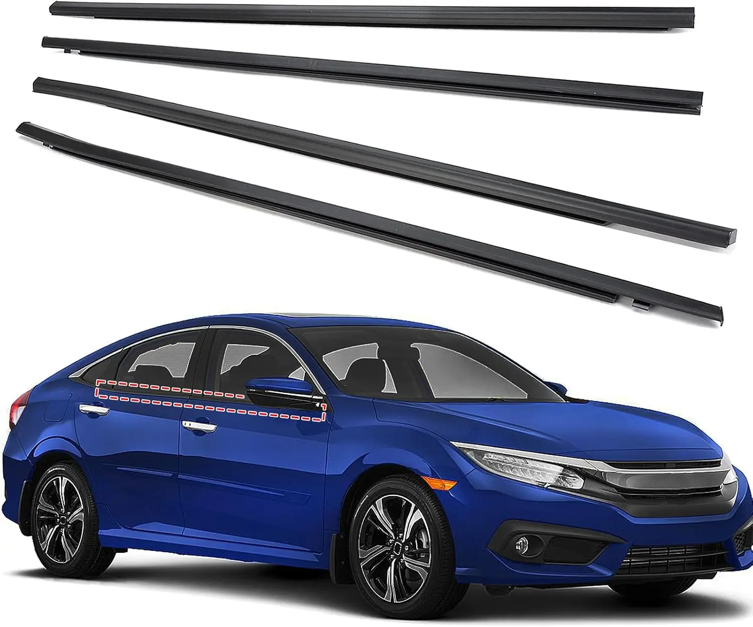Window Weatherstrip Trim for 2016-2021 Honda Civic 4-Door Sedan 4 PCS Black Rubber Molding Seal Belt, Replaces 72450-TEA-T01 72410-TEA-T01 72950-TEA-T01 72910-TEA-T01
