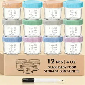 Reusable Glass Baby Food Storage Containers 4 Oz - BPA Free Leak Proof Jars with Lids - Microwave Dishwasher Freezer Safe - 12 Pack Airtight Containers for Homemade Baby Food