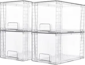"EXCLUSIVE OFFER" 4 Pack Large Stackable Storage Drawers,Clear Acrylic Drawer Organizers with Handles, Easily Assemble for Bathroom,Kitchen Undersink,Cabinet,Closet,Makeup,Pantry organization and Storage Box Boxes Silicone Fruits Insert Pet