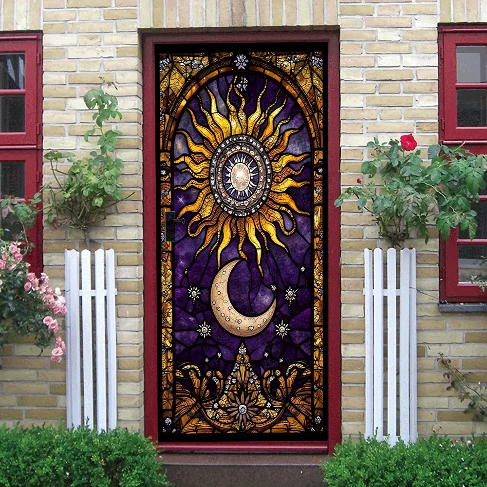 2pcs   Gothic Vintage Sun God Moon Star Stained Glass Sticker Living Room Bedroom Window Decor Wall Sticker Self Adhesive Removable Glass Door Decal Home Decor Sticker for  Collage Self-Adhesive Do Space Theme Design Sticker Decorations