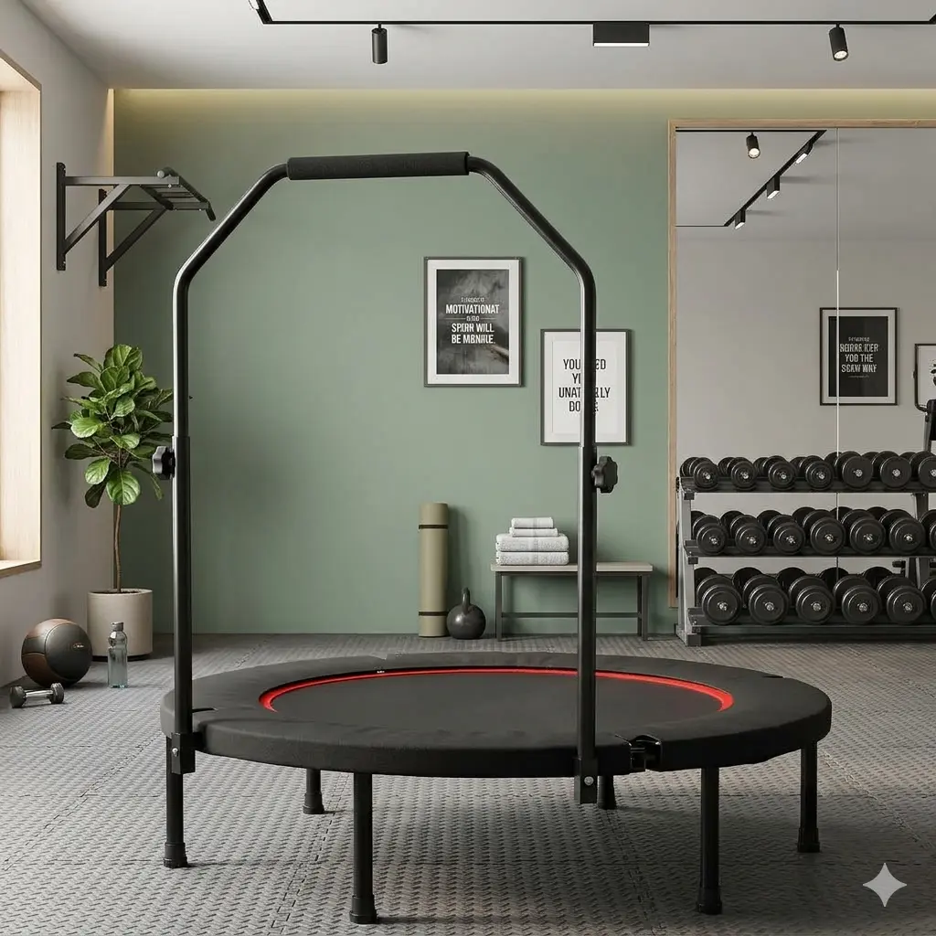 SAVEYOUR 40 in Foldable Fitness Trampoline - Foldable Rebounder Trampoline for Indoor Home Workout, with Premium N-Shape Handle, Adjustable Bar, 30 Bungees, ASTM Certification, Astm Test Reports