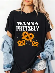 100% cotton Wanna Pretzel Oktoberfest Costume Bavarian German Festival T-Shirt Women Graphic T-Shirt Cotton Print short Sleeve Casual Top, Summer Tee Womens Tops
