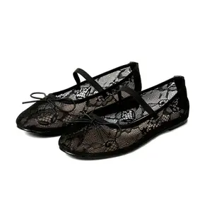 CELNEPHO Ballet Flats for Women Round Toe Flat Heel Comfortable Mesh Sandals Lace Strap Design Easy Slip on Mary Jane Everyday Wear Date Gift Dress Shoes