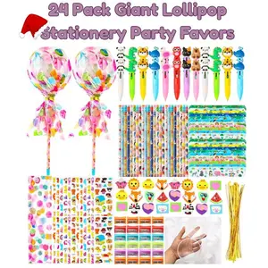 24 Pack Giant Lollipop Stationery Party Favors – Fun Christmas Gifts for Kids with Pencils, Stickers, Erasers & 4-in-1 Pens, Perfect for Holiday, Birthday & Classroom Parties