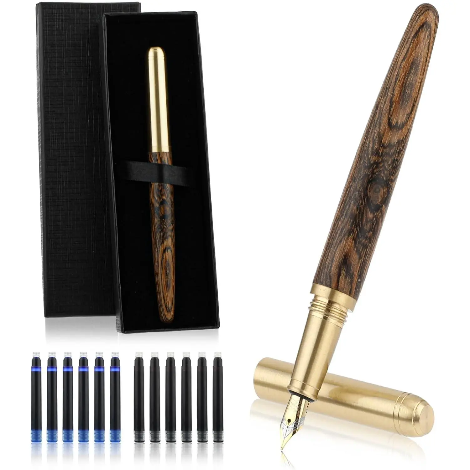 Handcrafted Wooden Fountain Pens Set,  Luxury  Fountain Pen 0.5mm Fine Point Smooth Writing Pen With 12 Ink 2.6 mm Cartridges and  Box for Journaling Calligraphy Supplies(B)