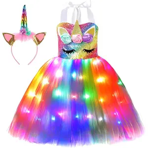 P-AD065     Girls Unicorn Costume LED Light Up Princess Tutu Dress with Unicorn Headband for Halloween Birthday Party