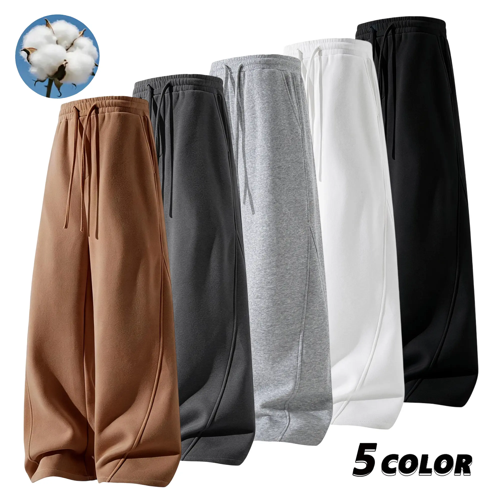 EKF men’s cotton sweatpants with a fluid drape and loose wide legs, elastic drawstring waist, versatile streetwear for campus and everyday wear