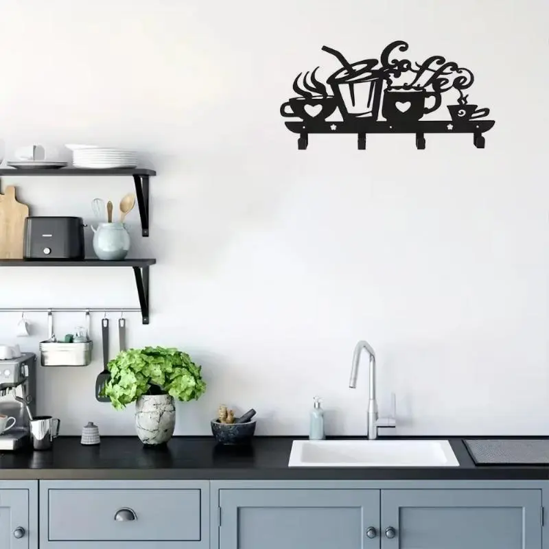 Coffee Cup Rack with Key Hooks, 1 Count Wall Mounted Metal Coffee Cup Holder, Decorative Coffee Sign for Kitchen and Bar Organization, Shelves