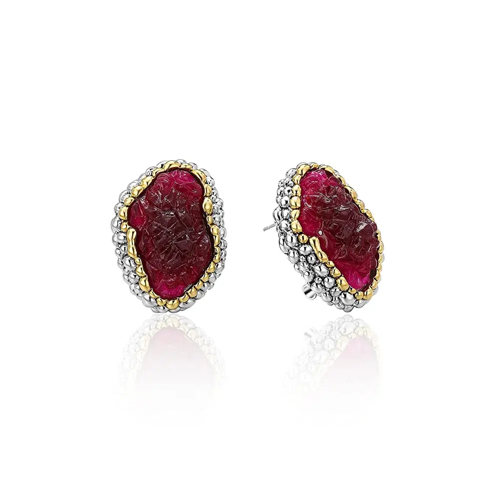 Aprilery Vintage Oval Red Stone Stud Earrings, Dual-Tone Beaded Frame, High Quality Statement Jewelry for Women, High Quality Earrings, Stud Earring Jewelry