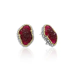 Aprilery Red Stone Stud Earrings – Vintage-Inspired Oval Design with Dual-Tone Beaded Frame