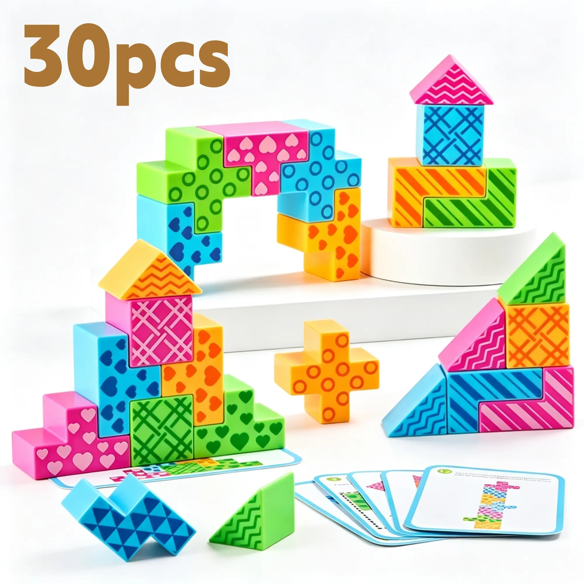 30-Piece 3D Puzzle Block Set for Kids Ages 3+, STEM Logic Puzzle and Building Toy with Challenge Cards, Preschool Learning Brain Teaser, Birthday or Back-to-School Gift, Ekobyte sohochic