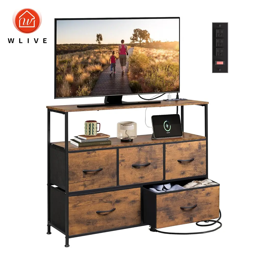 WLIVE Dresser TV Stand for Bedroom Decor with Power Outlet, Chest of Drawers Fabric Dressers with Open Shelves for 45 inch TV, Entertainment Center Dr