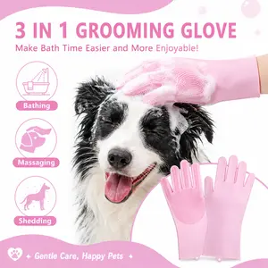 Pet Grooming Gloves—Heat Resistant Dog Washing Gloves with High-Density Teeth, Dog Bath Scrubber with Enhanced Five Finger Design, Silicone Gloves for Dogs and Cats Bathing, Massage (Pink)