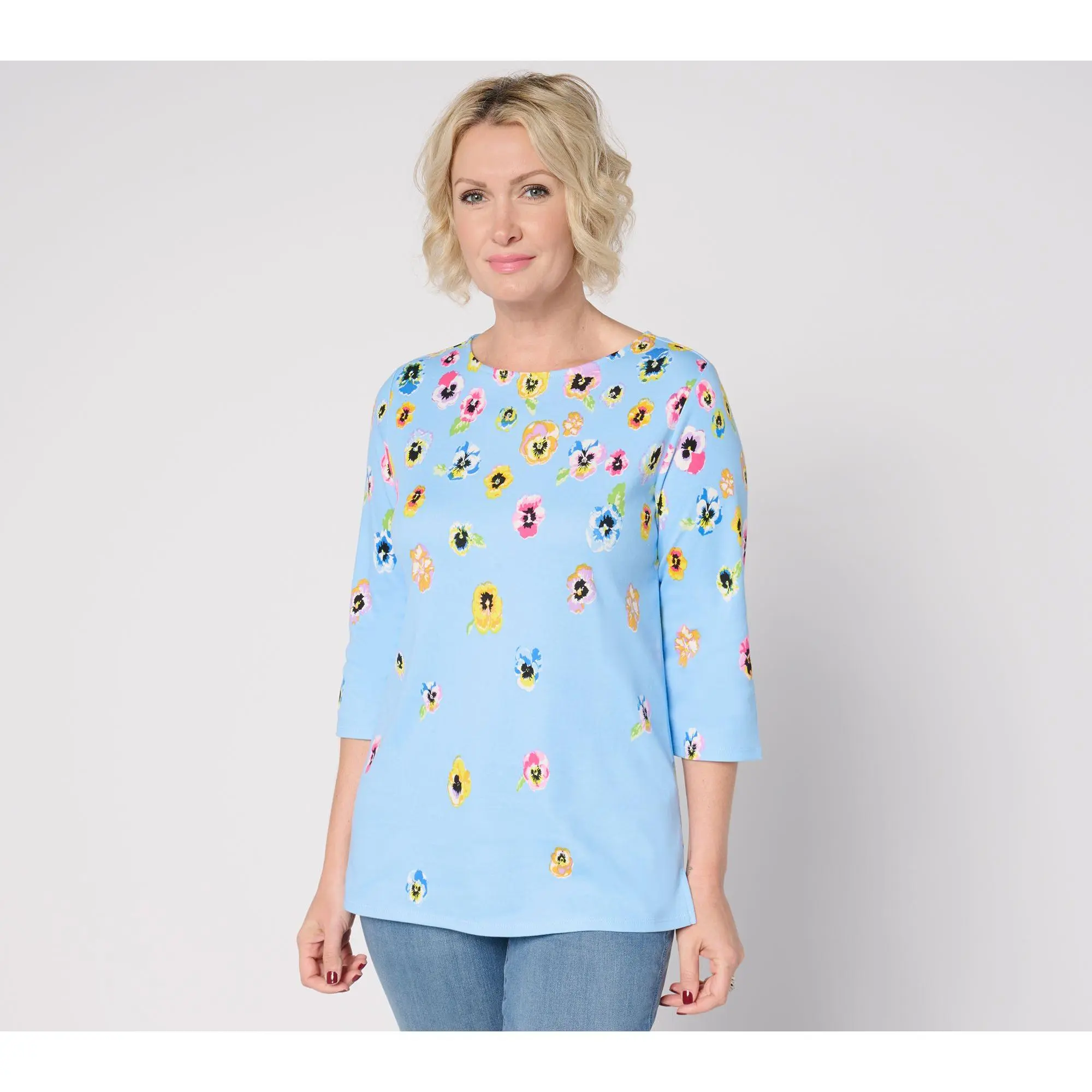 Quacker Factory Pretty Pansies Printed 3/4 Sleeve Top