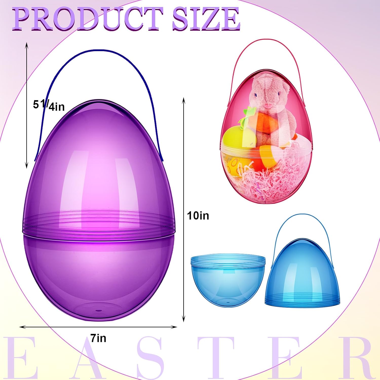 4/8 Pcs Jumbo Easter Eggs 10 Inch Plastic Giant Easter Eggs with Handle Clear Large Baskets for Egg Hunt,Easter Gift buckets for Student Adult Office Employee Coworker,Outdoor Church School Classroom Decorations,Spring Birthday Party Supplies