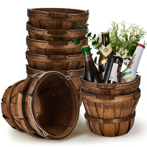 10 Pcs 5.9 x 7.5'' Round Wooden Baskets Easter Baskets Portable Wood Fruit Buckets with Handles Garden Harvest Basket Fruits Vegetables Storage Container Party Supplies(Dark Brown)