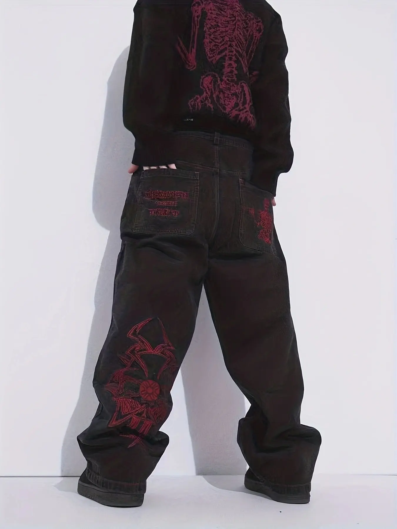 Men's Vintage Embroidered Straight-Leg Wide Leg Jeans Pants, Casual Denim Long Trousers, Comfortable Fit for Daily Wear Streetwear Street Style Pocket Fashion