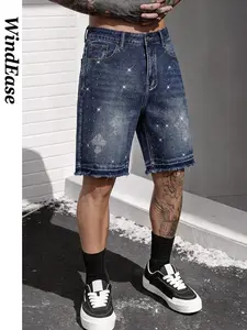 Men's Rhinestone Denim Shorts, Loose-Fit Street Style, Deep Blue Washed Edge, Y2K Trendy, Breathable Summer Pants, Essential Fashion Item