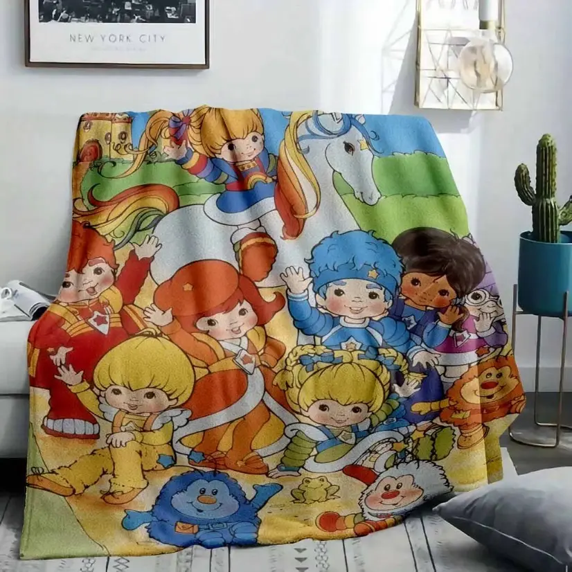 Rainbow Brite Retro Cartoon Blanket 80s Nostalgia Group Portrait Ultra Soft Flannel Throw Lightweight Cozy Warm Colorful Vintage Blanket for Bedroom Couch Sofa Office Travel Room Decor Birthday Christmas Gift for Fans