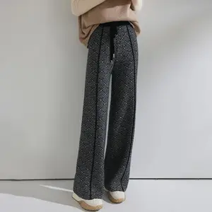 New Chic Women Wool Pants Argyle Jacquard Thick Wide Leg Trousers 100% Merino Wool Trousers Classy Autumn Winter Loose Trousers