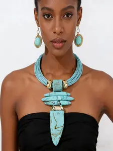 Bohemian Fashion Exaggerated Resin Scepter Lucky Stone Pendant Necklace Earring Matching Set