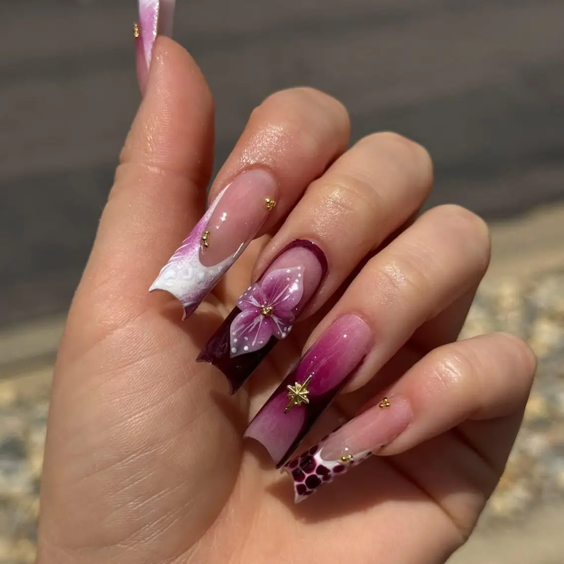 Burgundy Floral Press On Nails | 3D Orchid Flower Art | Long Square Pink & Maroon Marble Tips | Luxe Handmade Statement Nails