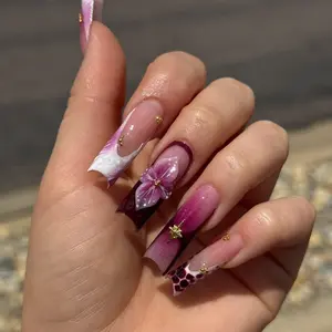 Burgundy Floral Press On Nails | 3D Orchid Flower Art | Long Square Pink & Maroon Marble Tips | Luxe Handmade Statement Nails