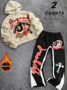 Men's Hooded Sweatshirt Long Pants Set, Fitted, Trendy Graphic Design, Streetwear & Dark Fashion Elements, Warm and Unique Style, Perfect for Individuality, Outfit