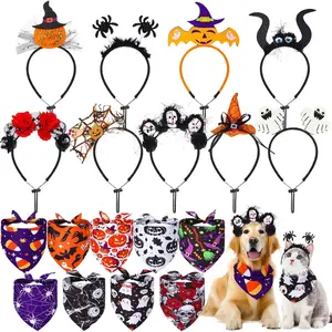 18 Pcs Halloween Dog Bandanas Bulk Pumpkin Dog Bandanas Spider Triangle Scarf Adjustable Bat Headbands Bib for Small Medium Large Pet Halloween Holiday Costume Accessories