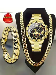 Men's Quartz Watch Set with Cuban Necklace & Bracelet, High-Quality Analog Wristwatch, Jewelry Set, Perfect Gift for Birthday Christmas New Year